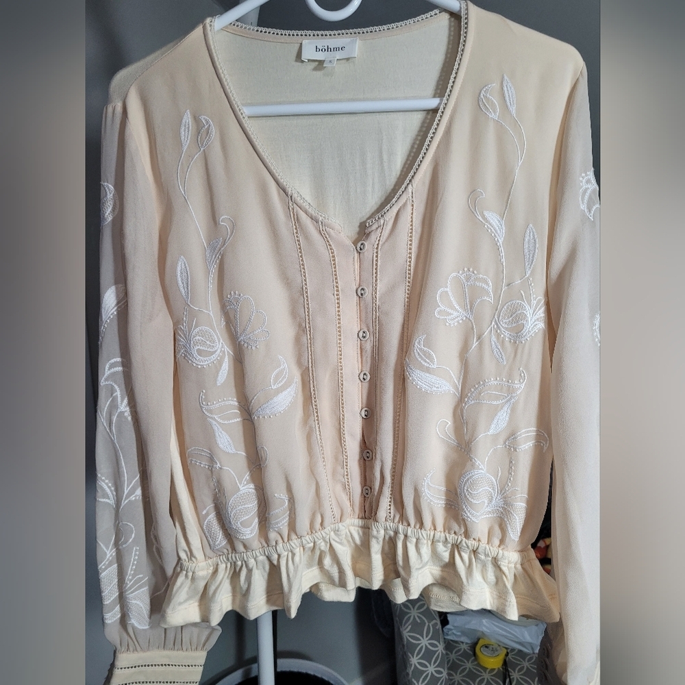 Anthropologie Bohme Embroidered Floral Button Down Sheer Sleeves Small Boho - Picture 4 of 8